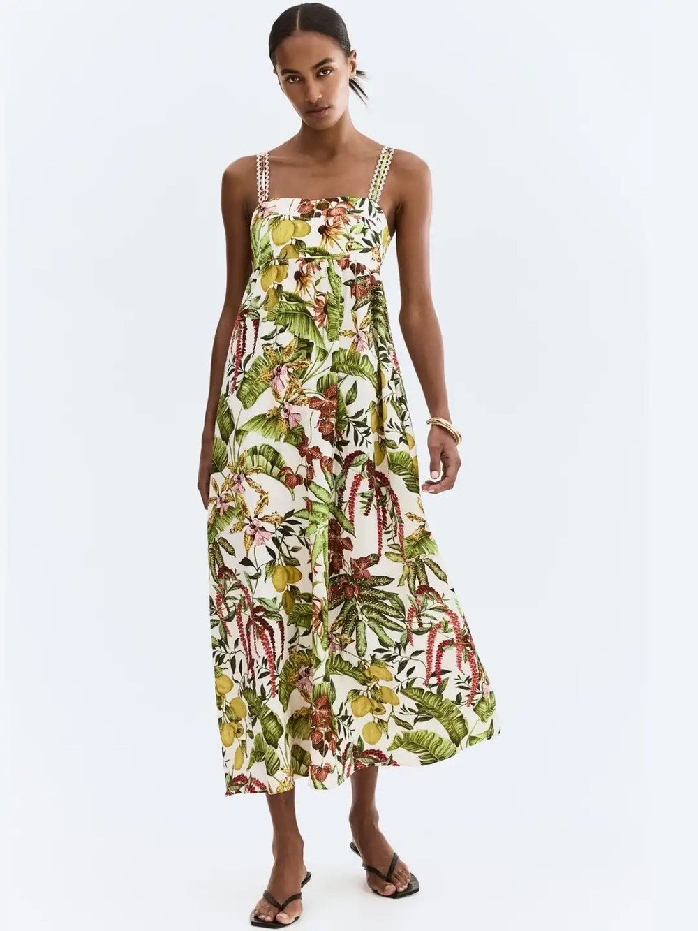 H&M White Tropical-Print Midi Dress with Green Yellow Floral Cream